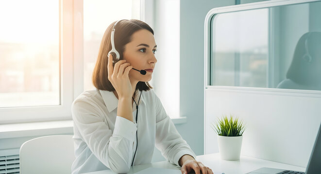 Focused young woman working in a customer service role wearing a headset in a bright office environment while assisting customers