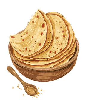 Pile of Indian Rotis in Wooden Bowl with Wooden Spoon