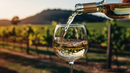 A glass of white wine, poured into a crystal clear glass. A glass on a blurred background of a vineyard. An advertising photo with a place for the text.