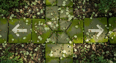 Directional stone pathway covered in moss and leaves offers a choice of direction