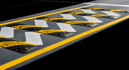 Elevated speed bumps on asphalt road with yellow lines and white arrows safety measures