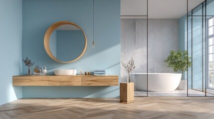 Side view on eco interior design of bathroom with wooden frame of round mirror on blue wall, wooden sink cabinet and floor, white bath and herringbone tiles wall behind glass partitions. 3D rendering