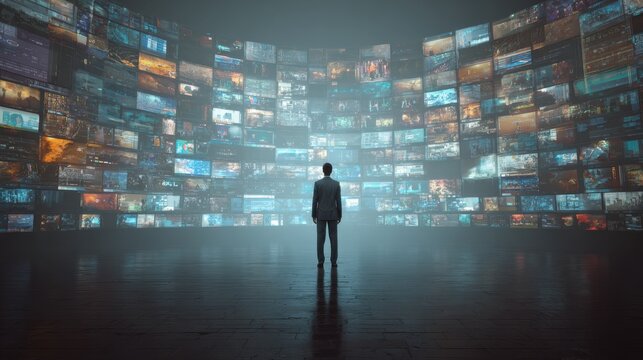 A man confidently stands in front of a futuristic digital screen displaying a variety of media content, including news, videos, and data visualizations.