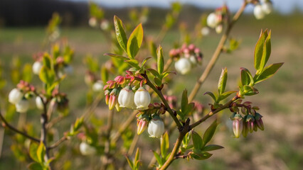 Obraz premium Closeup of blueberry plant flowers and leaves