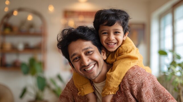 Cheerful indian son sitting on father shoulder playing at home with african mother. Playful little boy enjoying spending time with parents at home. Flying child enjoying playing with his ethnic famil