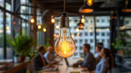 A glowing vintage lightbulb hangs in the foreground of a business meeting