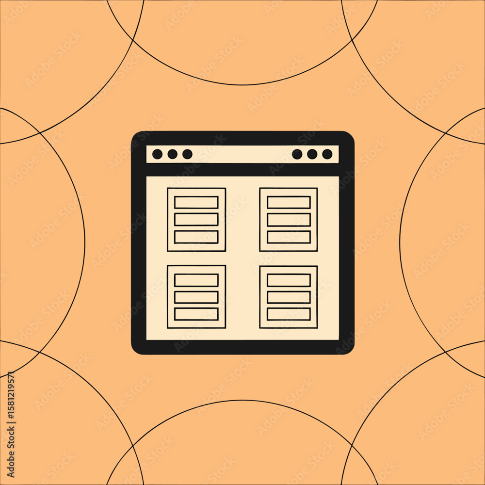 Poster Black and white vector illustration of a web browser window with four content blocks on a peach background with circular lines