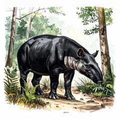 Fototapeta premium Detailed Tapir in a Tropical Forest Illustration with Watercolor Style