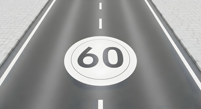 Elevated view of asphalt road marked with 60 speed limit and dividing lines focusing on traffic regulation adherence