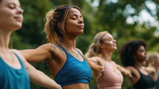 Group of multiethnic women stretching arms outdoor. Yoga class doing breathing exercise at park. Beautiful. fit women doing breath exercise together with outstretched arms.