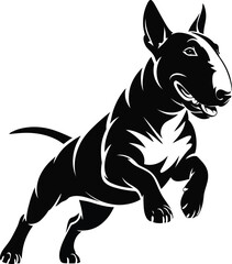 Obraz premium Powerful Bull Terrier silhouette mid-stride with muscular build and distinctive egg-shaped head, clean black and white vector for logo
