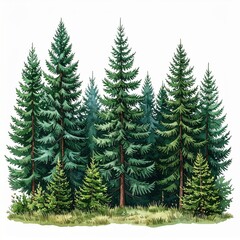 Obraz premium Dense Green Pine Tree Forest with Tall Spruce and Fir on a Clear Background