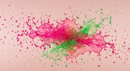 Vibrant liquid bursts with color as a vivid splash of green and pink droplets collide against a light backdrop, creating a dynamic texture.