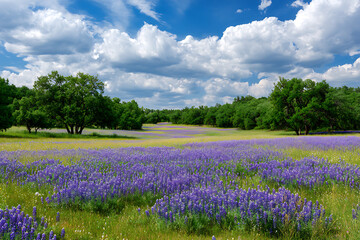 Vibrant Purple Lupine Wildflower Meadow Under a Blue Sky with Puffy White Clouds and Green Oak Trees