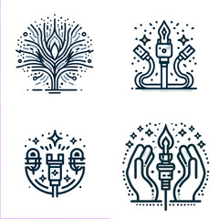 Set of Decorative symbols of creativity with tree, pen, and hands  