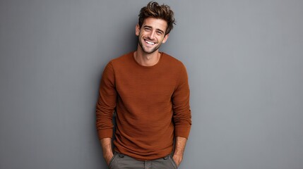 Handsome young man on grey background looking at camera. Portrait of laughing young man with hands in pockets leaning against grey wall. Happy guy smiling., no logos, no brands