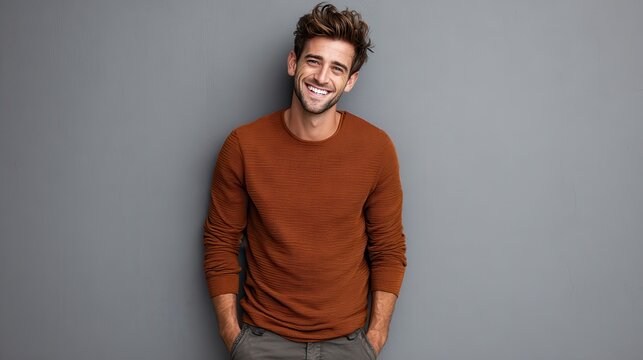Handsome young man on grey background looking at camera. Portrait of laughing young man with hands in pockets leaning against grey wall. Happy guy smiling., no logos, no brands