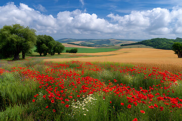 Vibrant Red Poppy Field Amidst Golden Wheat and Lush Green Landscape Under a Blue Sky with Puffy White Clouds Rolling Hills and Green Trees