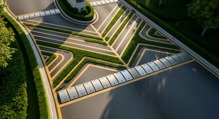 Elevated View Of Modern Landscape Design With Geometric Grass Patterns