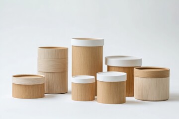 A collection of light-colored wooden storage containers of varying sizes, with white lids