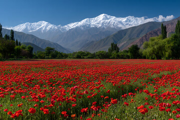 Vibrant Red Poppy Field Blooming Before Majestic Snow Capped Mountains under a Clear Blue Sky Lush Green Foliage Borders the Expansive