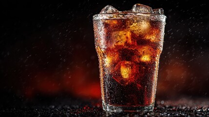 Refreshing cola beverage with ice cubes in a glass on a dark background sparkling with condensation droplets capturing a thirst quenching visual mood