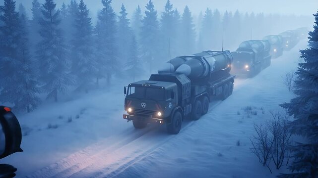 A convoy of missile carriers travels through a snowy forest.