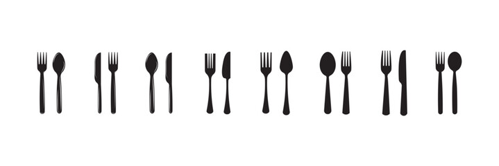 Set of  knife, Spoon, forks.   Food, fork, knife, spoon, cutlery icon set. Menu symbol. Tableware instruments. Restaurant icon.