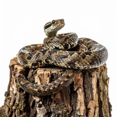 Obraz premium Brown Deadly Snake Coiled on a Tree Stump Against White Background in Studio