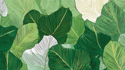 Fototapeta premium Nature green background vector. Floral pattern, Split-leaf plant with line arts, Vector illustration., no logos, no brands