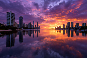 Vibrant Sunset over Gold Coast City Skyline Reflected in Calm Water Orange Purple Hues Skyscrapers Buildings Coastal Cityscape