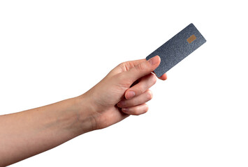 Finance moment. Female hand showing credit chip card, bank transaction, secure fund, revenue,