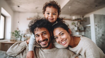 Cheerful african mother and indian father playing with son at home. Cute boy enjoying sitting on father shoulder while looking at camera. Middle eastern family having fun together on the sofa at home