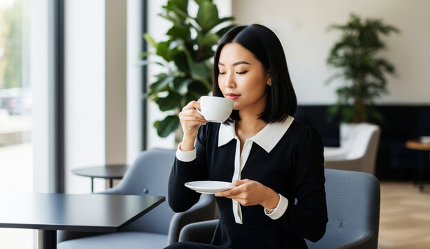 Elegant Asian Woman Enjoying Coffee Indoors in Modern Minimalist Cafe