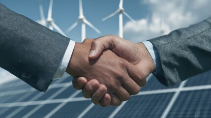Business handshake with a background of solar panels and wind turbines, representing sustainable energy partnerships.