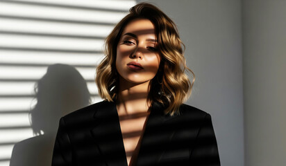 Stylish Young Woman in Black Blazer with Dramatic Shadow Lighting Portrait
