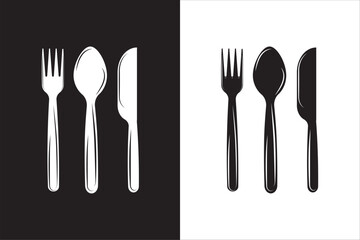 Silverware solid monochrome icon set. Fork, Spoon and Knife icons. Fork, spoon, knife . Menu symbol. Tableware instruments. Restaurant icon. Food, fork, knife, spoon, cutlery icon set.