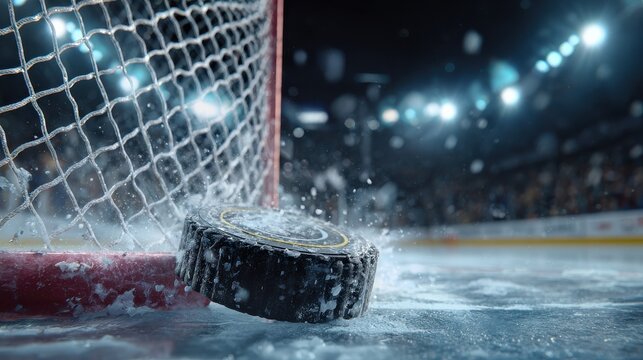 Fast ice hockey puck flying into goal net on field at World Cup match tournament, background with copy space.