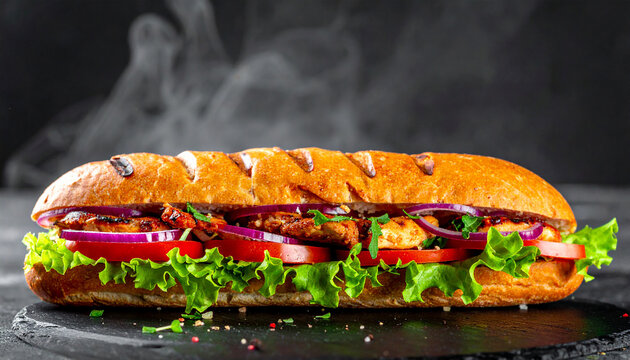 Gourmet grilled chicken sandwiches with fresh lettuce, juicy tomatoes and red onions on baguette.