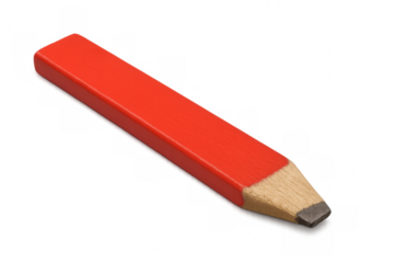 Red carpenter pencil pointing downward on transparent background