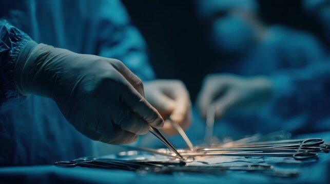Hands of a surgeon in an operating room close-up, steady and precise gloved hands delicately manipulate surgical instruments during a complex procedure,