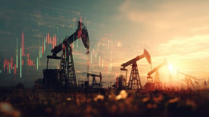 Rise in gasoline prices concept with double exposure of digital screen with financial chart graphs and oil pumps on a field, no logos, no brands
