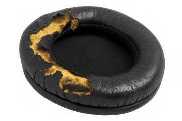 Worn-out black headphone ear cushion showing gold foam padding on transparent background