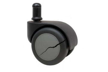 Broken caster wheel on transparent background, showing concept of damage and repair