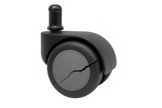 Broken caster wheel on transparent background, showing concept of damage and repair