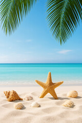 Peaceful Beach Paradise with Starfish and Seashells Under Blue Sky