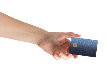 holding a bankcard, showcasing secure payment and transfer options. Her hand gripping the plastic