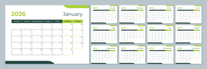 2026 calendar template. Corporate and business planner diary. The week starts on Monday. Set of 12 months of pages.