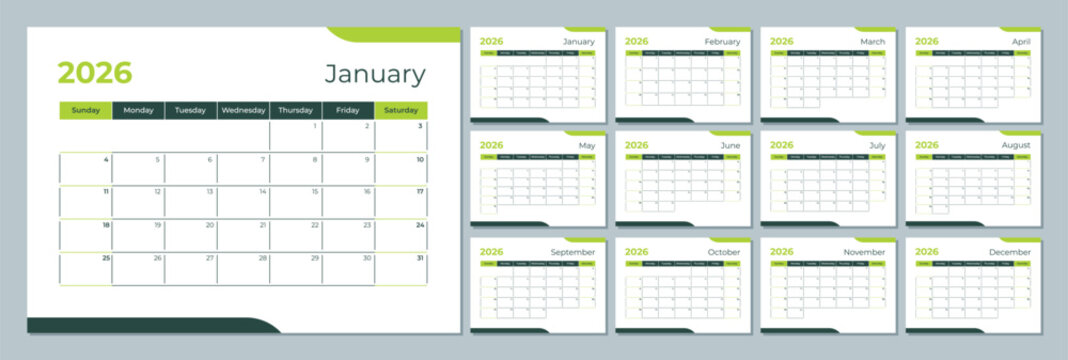 2026 calendar template. Corporate and business planner diary. The week starts on Sunday. Set of 12 months of pages.
