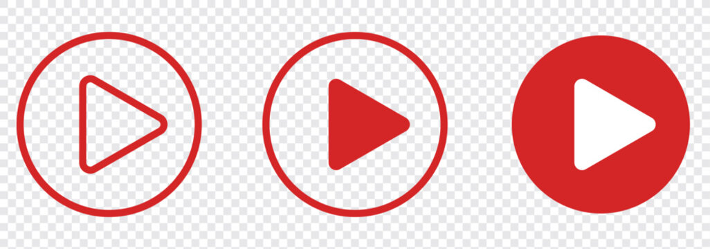 Play button icon set. Start audio or video action symbol. Video player concept . Red Play button Icon. Elements for video player. Pause, click or record button. Video player icon in red color. Eps 10